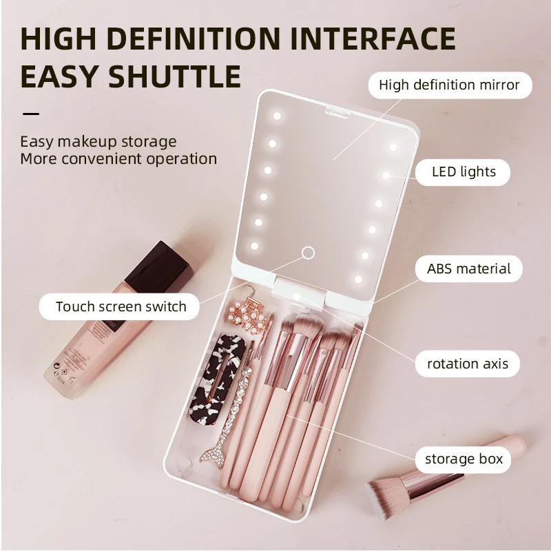 USB Rechargeable LED Makeup Mirror & Cosmetic Box – Double-Sided Pink Mirror with Brush Holder - Image 4
