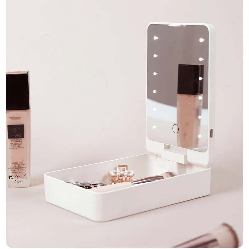 USB Rechargeable LED Makeup Mirror & Cosmetic Box – Double-Sided Pink Mirror with Brush Holder - Image 5